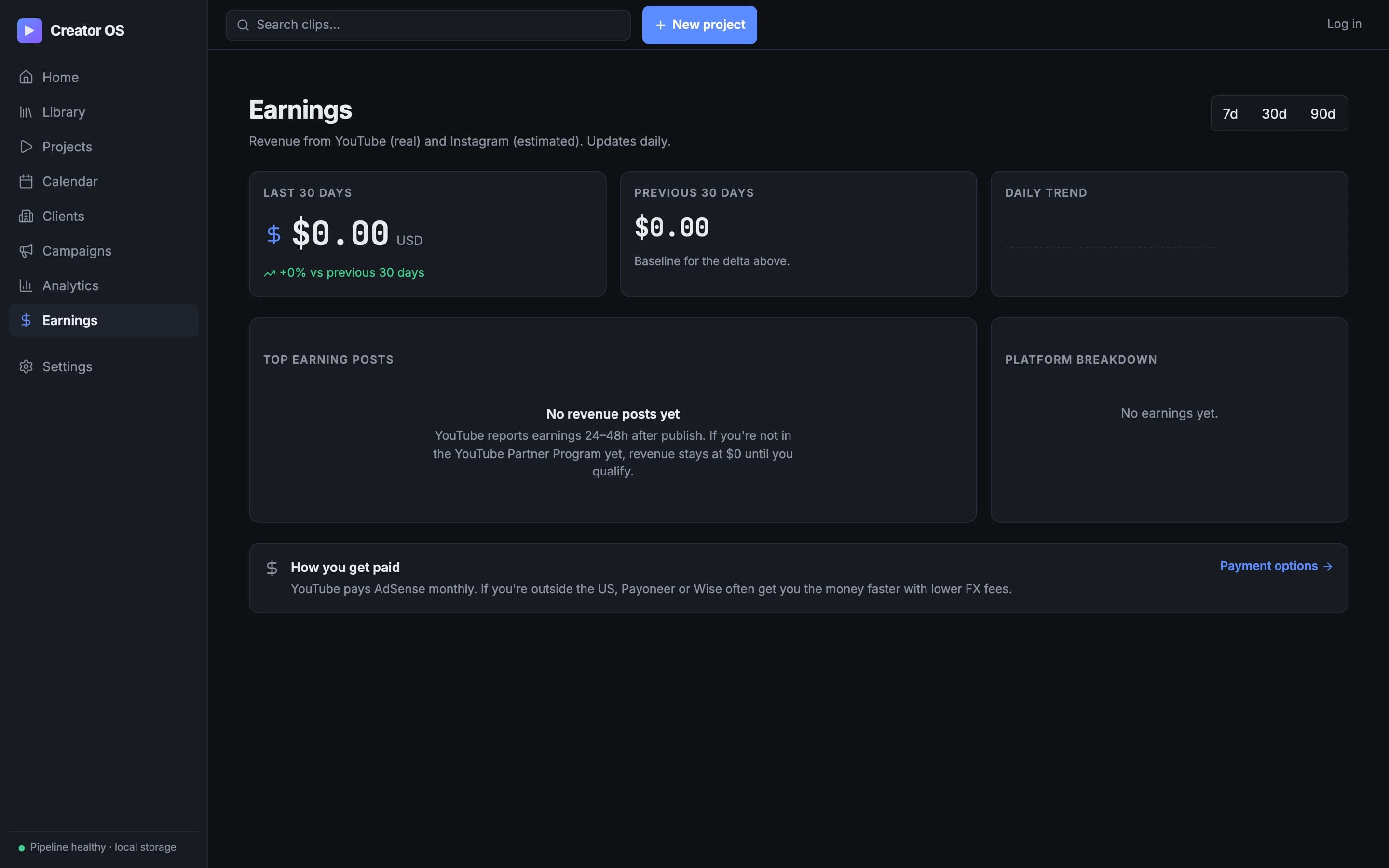 Earnings dashboard with month total, sparkline, and top earning posts