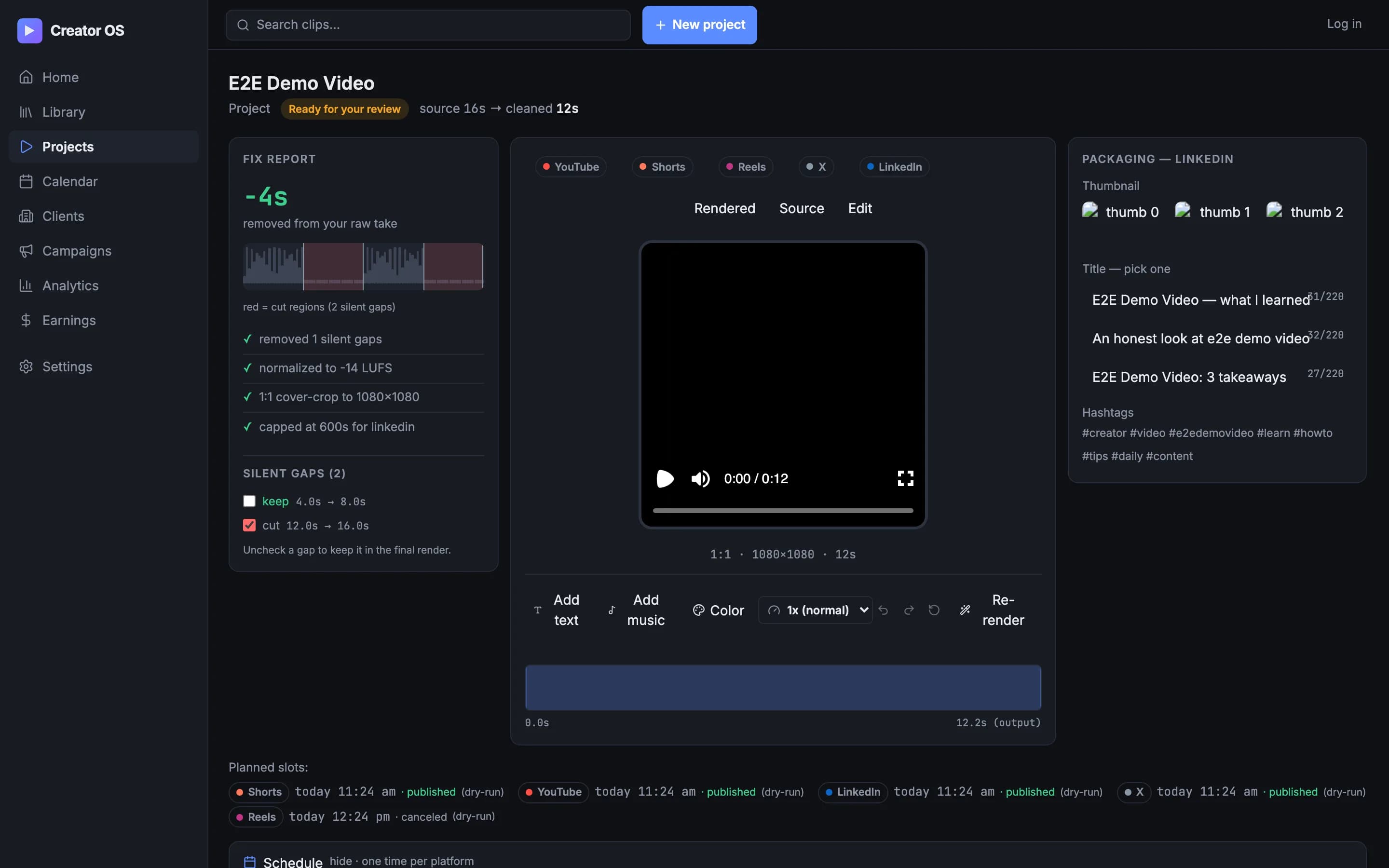 Editor with timeline strip, transition picker open, and a text overlay applied to a kept segment